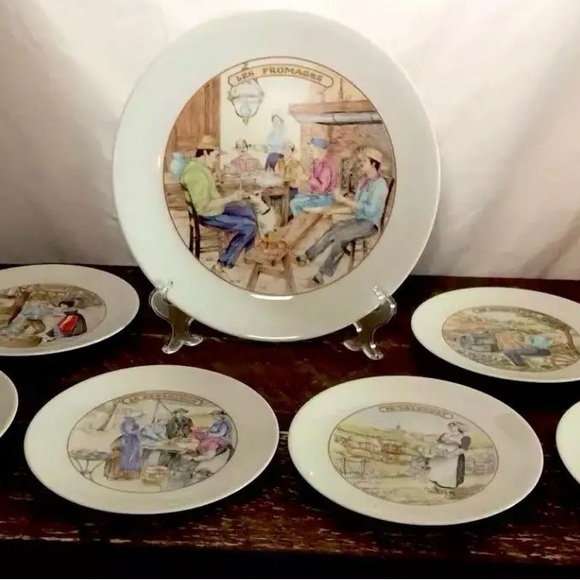 French Limoges Apilco Village Scenes Cheese Plate \ Dessert Set - 7 Piece Set - Picture 1 of 13
